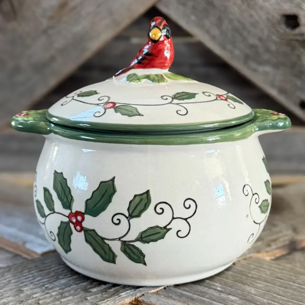 Cardinal & Holly by Temp-Tations by Tara, Ceramic Covered Soup Bowl, 18oz, Disc.